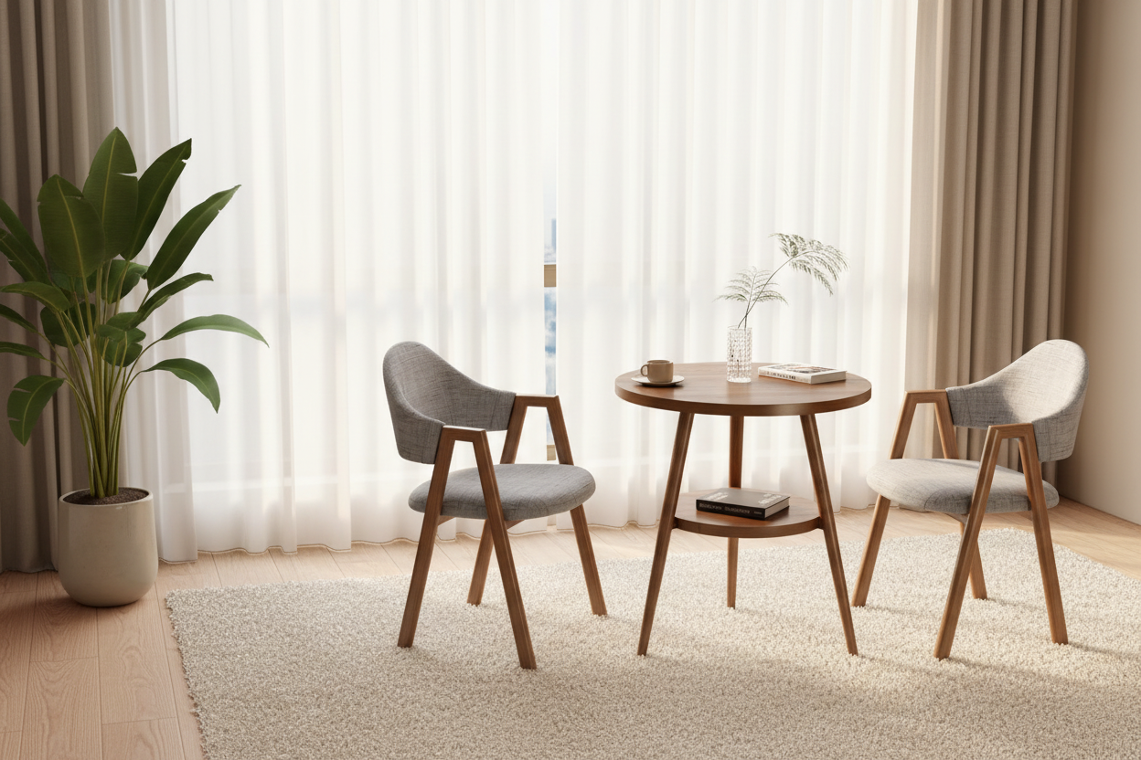 Elegant double-layer round table and light grey fabric chairs in a luxury bedroom corner