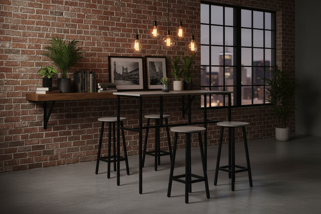 Industrial grey and black bar table and stools styled in a luxury loft apartment with exposed brick and Edison lighting