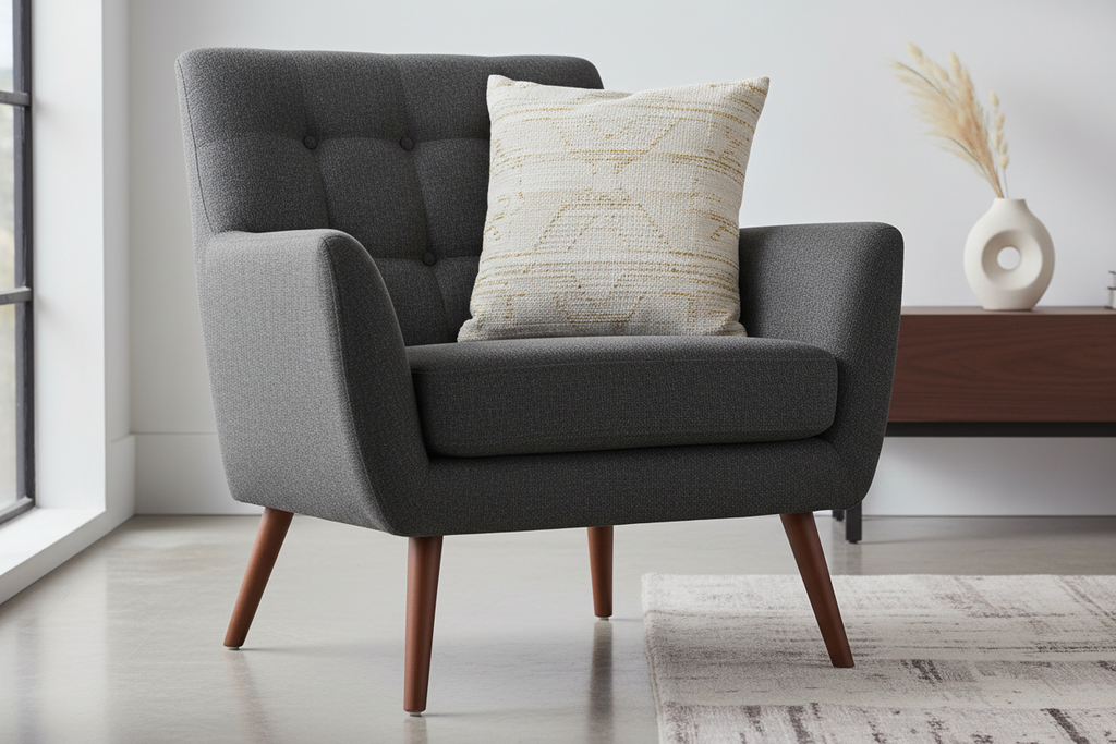 Close-up of charcoal grey tufted accent chair with solid wood legs and decorative pillow in a luxury interior