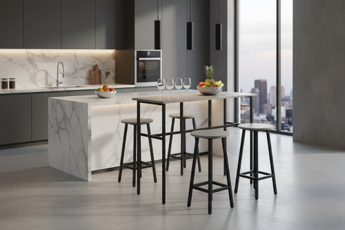 Industrial grey and black counter-height bar table and 4 stools styled in a luxury modern kitchen