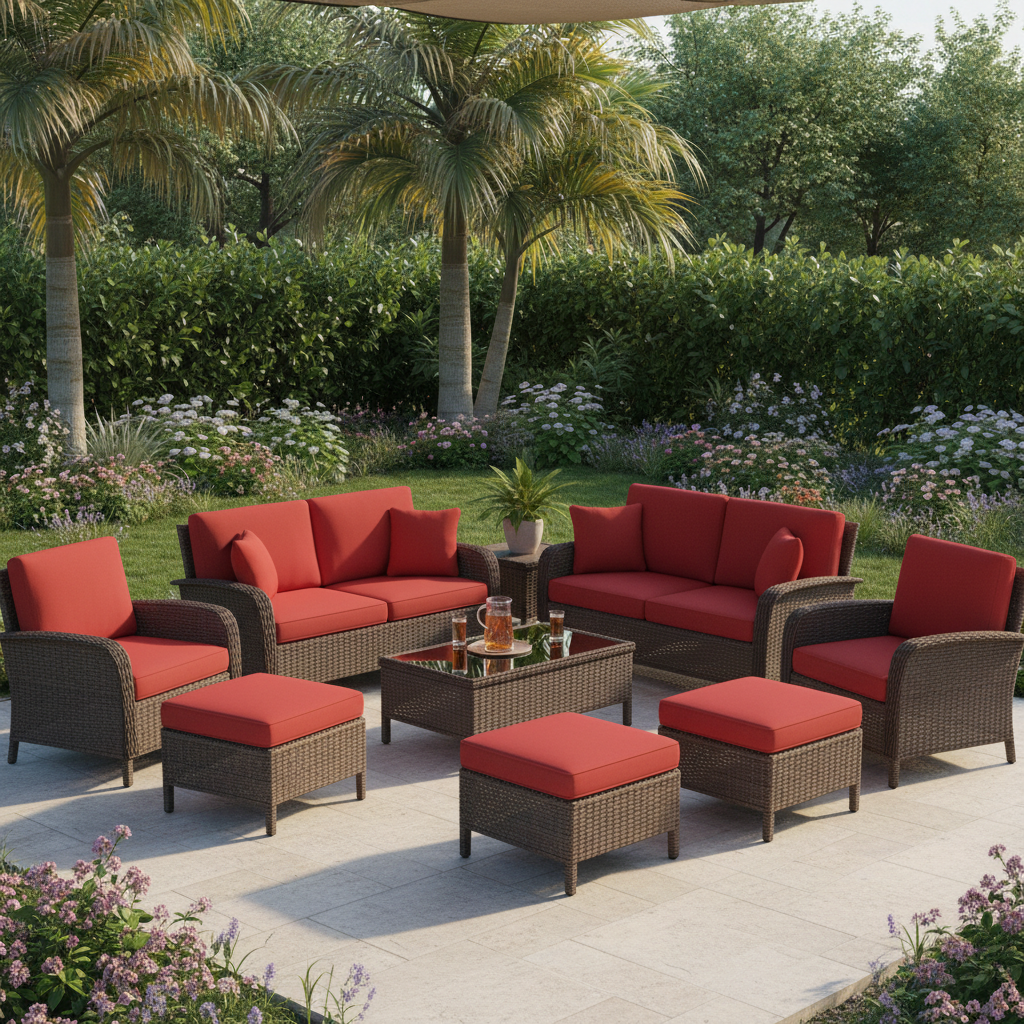 Luxury 9-piece dark coffee rattan garden sofa and lounger set with red cushions on elegant patio