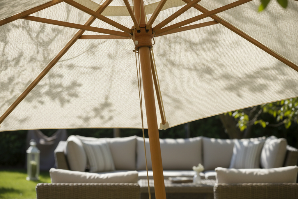 Close up of cream white garden parasol with natural bamboo ribs tilted over a garden seating area