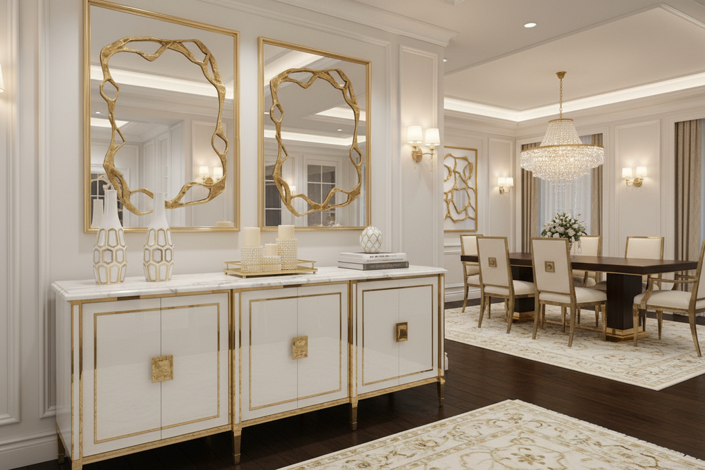 Luxury white and gold buffet sideboard cabinet with faux marble top styled in an elegant dining room