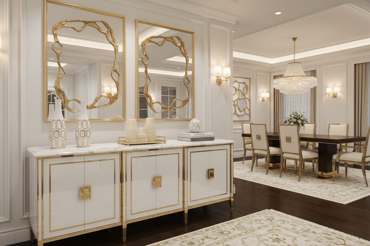 Luxury white and gold buffet sideboard cabinet with faux marble top styled in an elegant dining room
