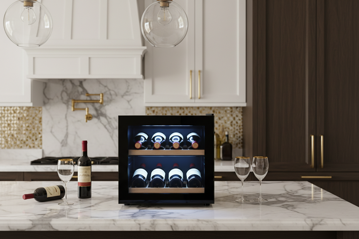Compact black mini wine fridge on a marble kitchen countertop with blue LED interior light in a luxury kitchen