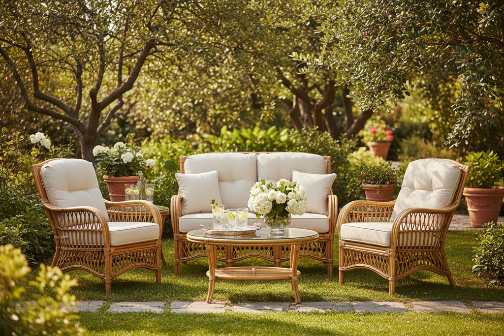 Luxury natural wood finish rattan sofa set with cream cushions and glass coffee table in a sunny garden