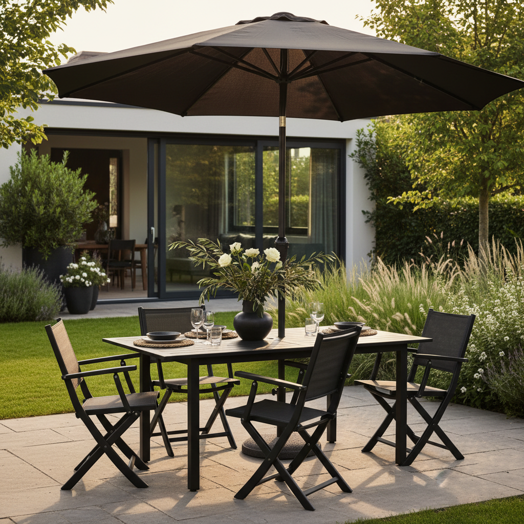 Close up editorial shot of black aluminium outdoor garden dining set in warm afternoon light