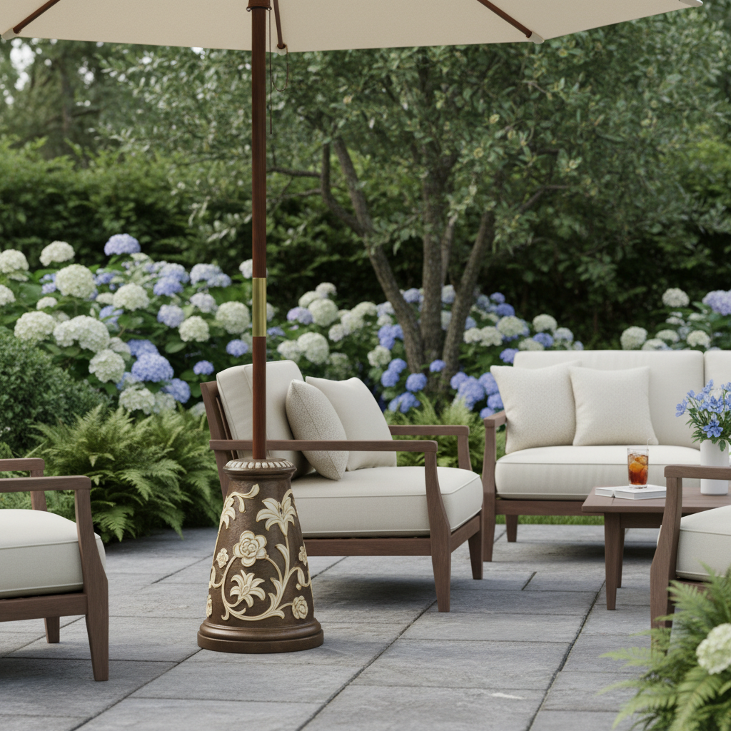 Luxury bronze tone floral resin parasol base on garden patio with parasol inserted