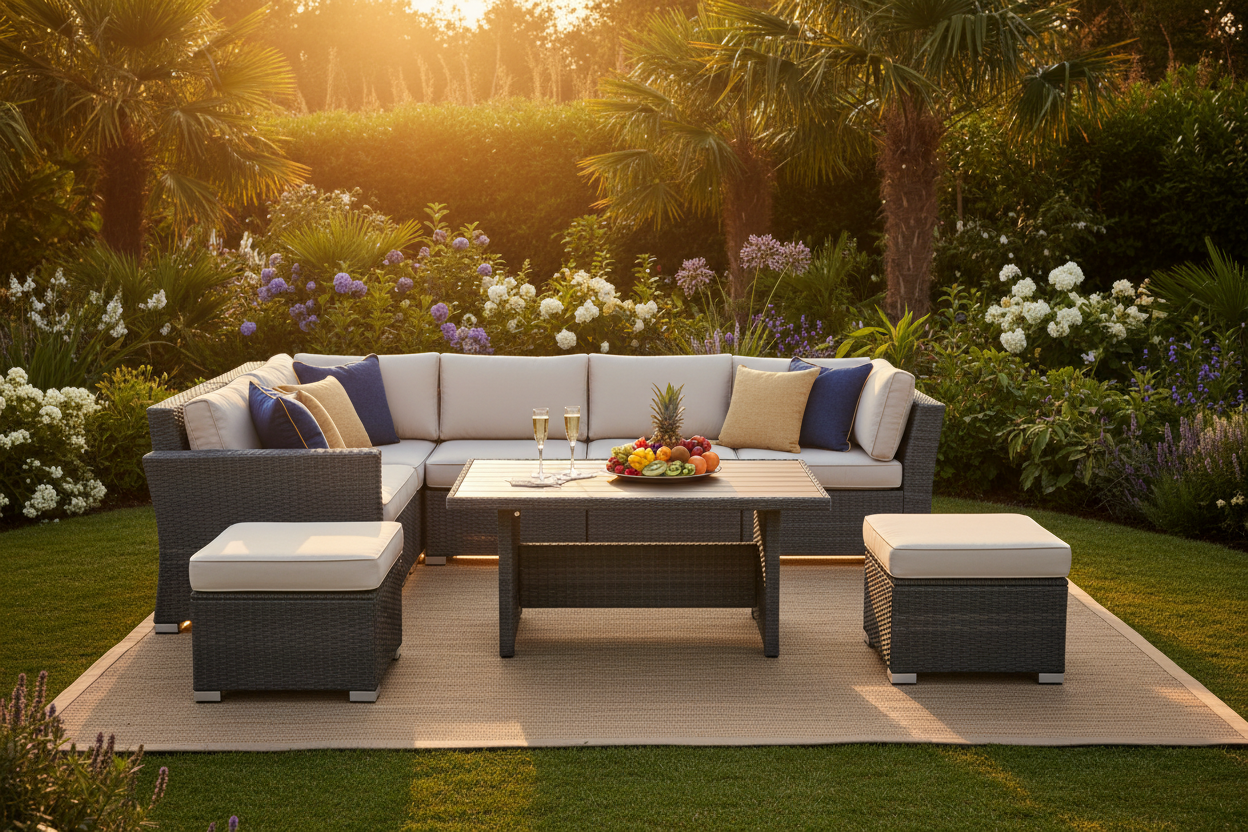 Luxury Grey Rattan Corner Sofa Set Lifestyle